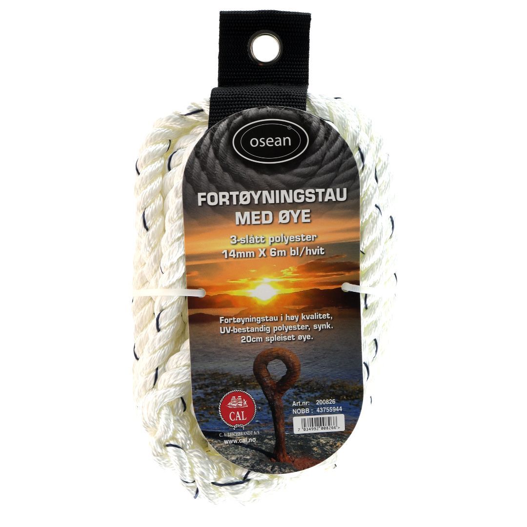 Tau fortøyning med øye 14mm x 6m hvit m/