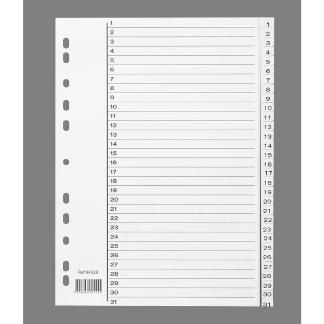 Register plast 1-31 a4 m/indeksark hvit