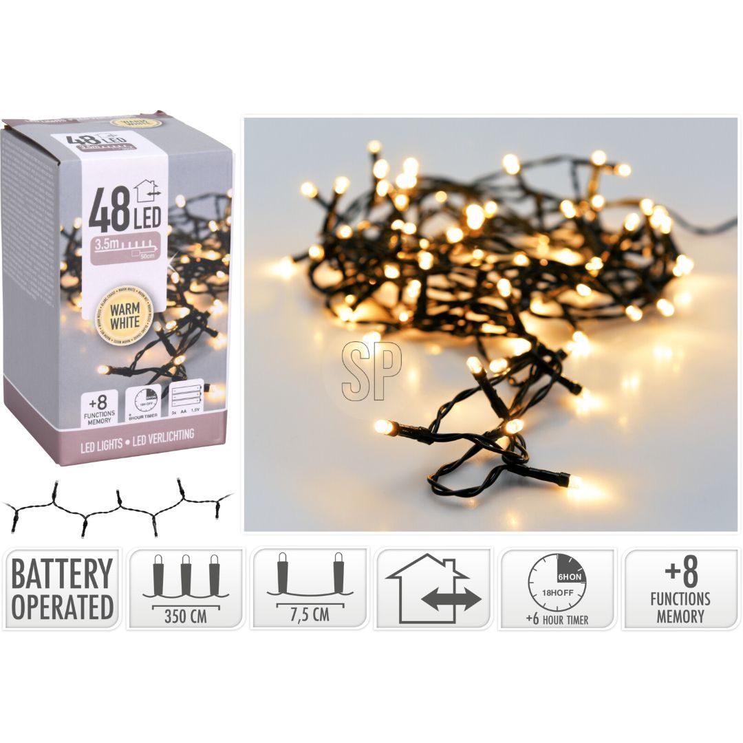 48 LED – 3,5 m (batteri, varm hvit)