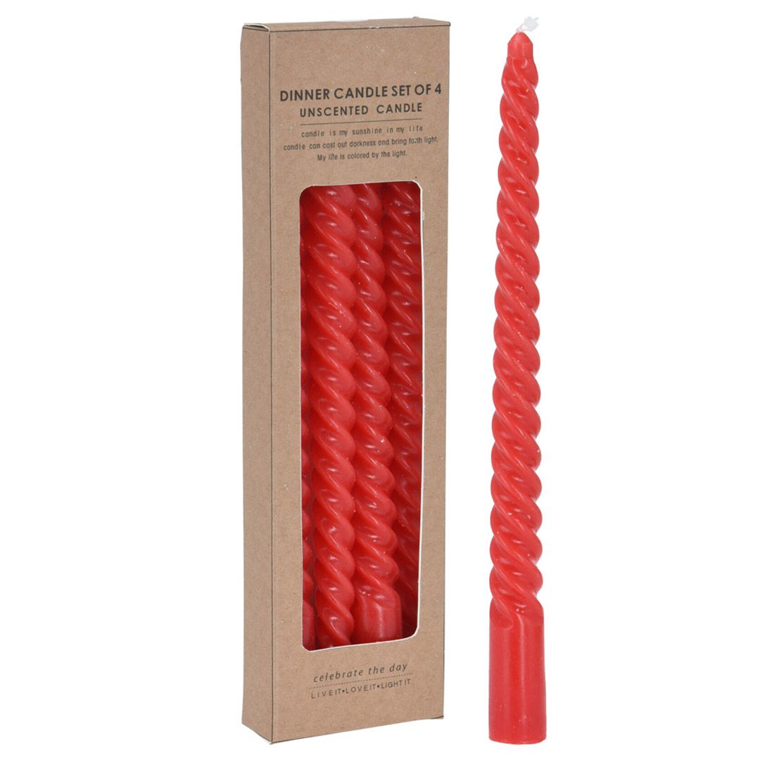 Stearinlys 25 cm vridd 4 pk rød